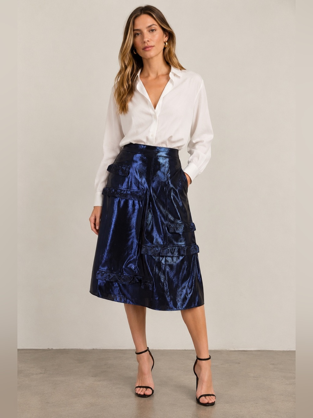 Rare Burberry Bright Navy Metallic Silk-Blend Ruffle Liquid Lamé Midi Skirt